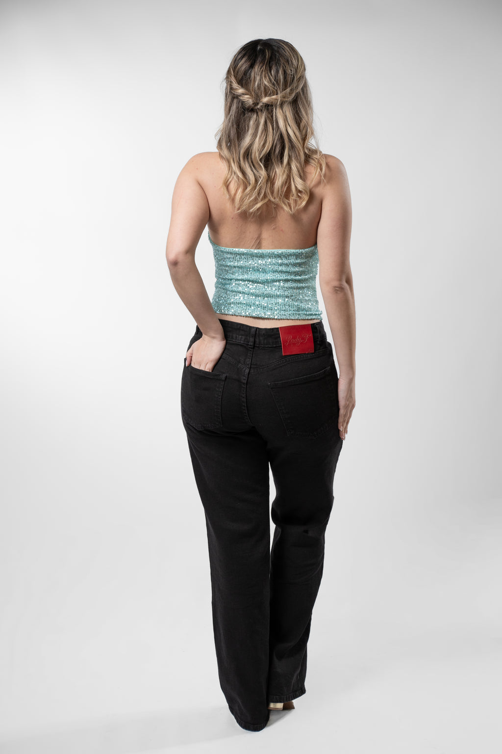 Top Regina lentejuelas Celeste